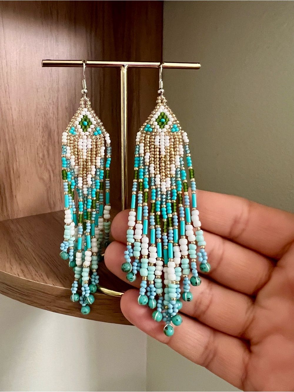 Beachy Turquoise & Gold Beaded Fringe Earrings